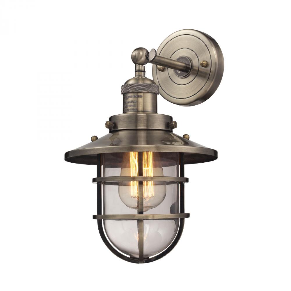 Seaport 1-Light Wall Lamp in Antique Brass with Clear Glass