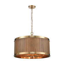ELK Home Plus 33376/6 - Wooden Barrel 6-Light Chandelier in Satin Brass with Slatted Wood Shade in Medium Oak